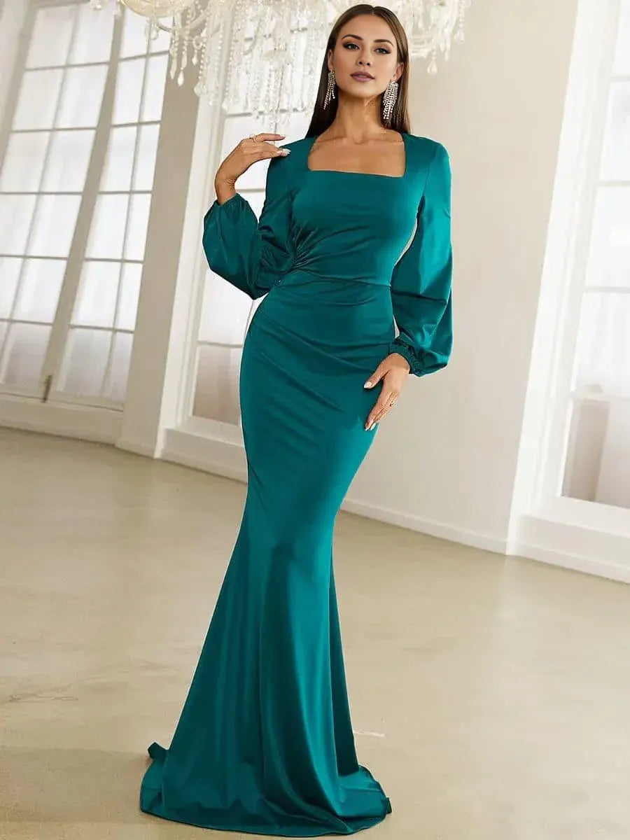 Elegant Mermaid Square Neck Bishop Sleeve Zipper Up Sweep/Brush Train Prom Dress